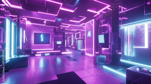 A futuristic architecture studio with bright LED lights and cube-shaped walls. The scene is a complete 360-degree view, perfect for virtual reality experiences.