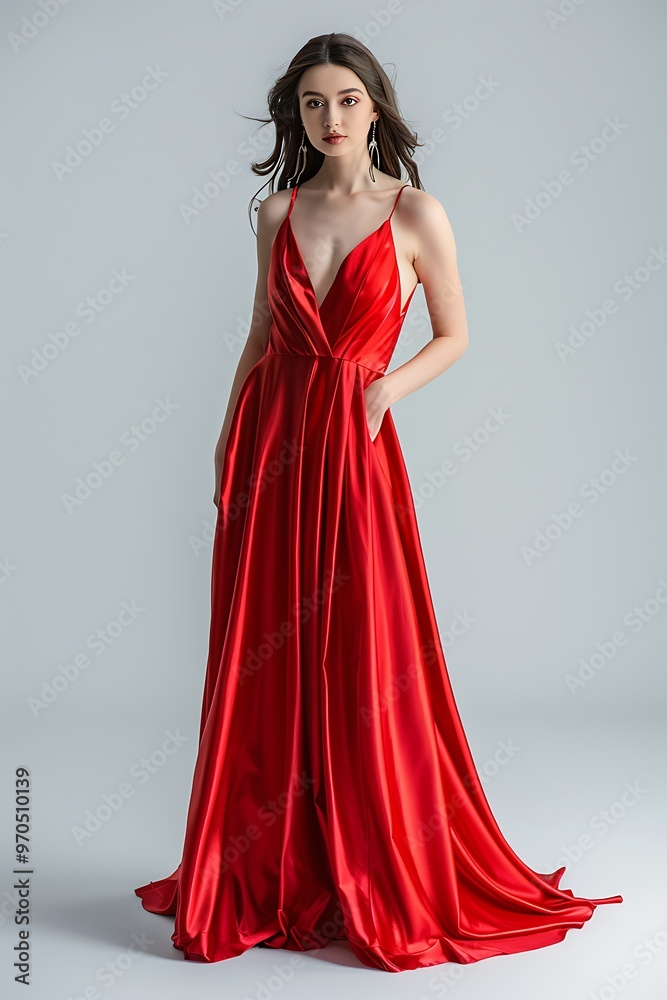 Glamorous Woman in a Red Evening Gown Against a Plain Grey Background, Portrait Shot, Red Evening Gown, Grey Background Glamorous Woman in a Red Evening Gown Against a Plain Grey Background, Portrait Shot, Red Evening Gown, Grey Background