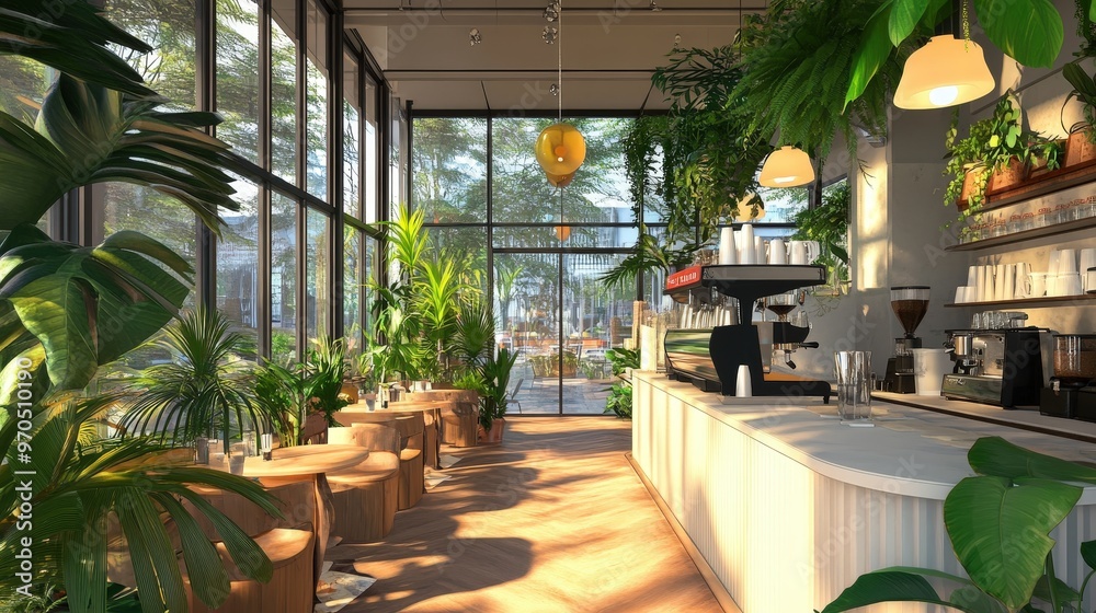 Create an image of a modern coffee shop with a vibrant, tropical theme. Create an image of a modern coffee shop with a vibrant, tropical theme.