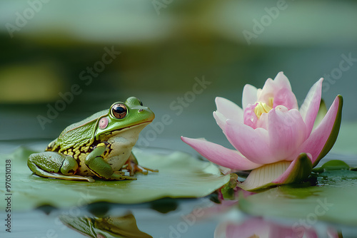 A frog perched on a lily pad beside a blooming pink lotus flower in tranquil water.