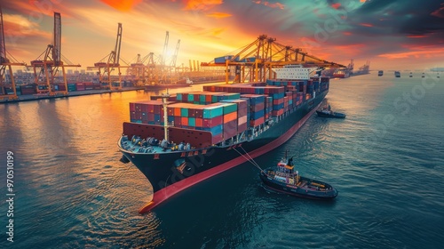 a cargo ship loaded with containers at a port, symbolizing large-scale conveyance of products.