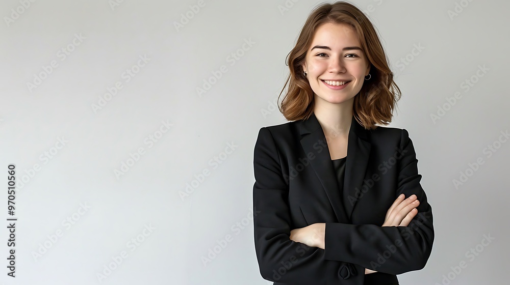 Confident businesswoman signing a document, isolated background, portrayed in a portrait shot with a plain background Confident businesswoman signing a document, isolated background, portrayed in a portrait shot with a plain background