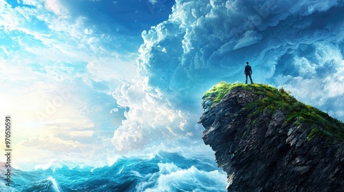 A businessperson stands at the edge of a cliff, gazing into the stormy sea below, embodying the intense and precarious nature of a business crisis and the challenges that lie ahead.