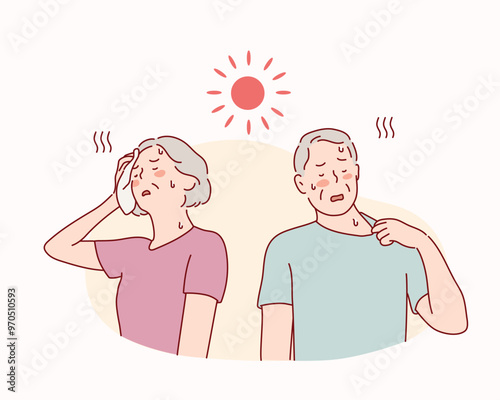 Senior couple with towel suffering from heat stroke outdoors. Hand drawn style vector design illustrations.