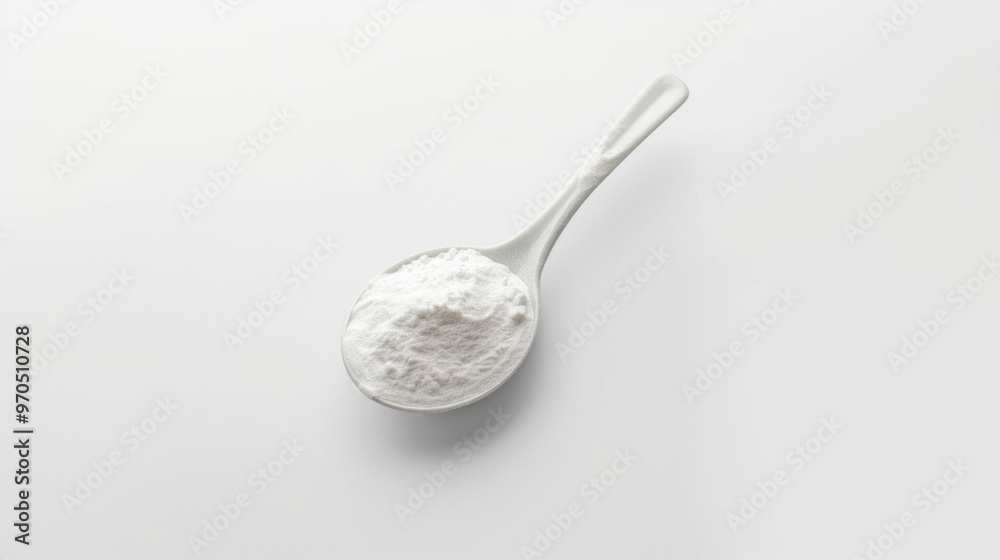 A spoonful of white powder is shown on a white background A spoonful of white powder is shown on a white background