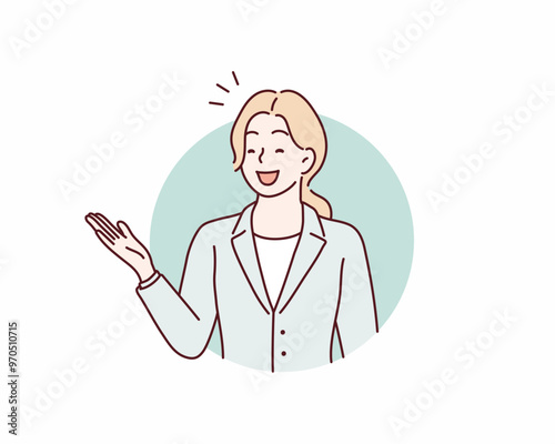 material of a woman in a suit who guides with a smile. Hand drawn style vector design illustrations.