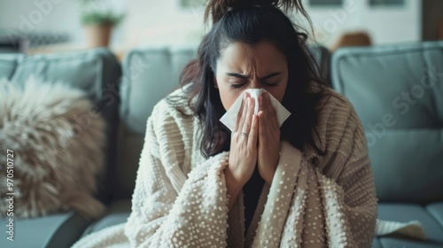 A woman sits on a couch wrapped in a blanket, blowing her nose with a tissue photo