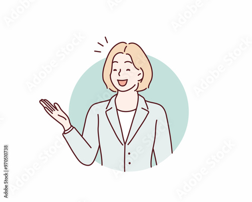 material of a woman in a suit who guides with a smile. Hand drawn style vector design illustrations.