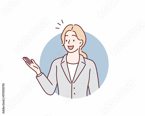 material of a woman in a suit who guides with a smile. Hand drawn style vector design illustrations.