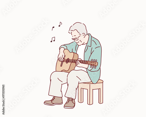 senior man with acoustic instrumental guitar. Man playing guitar. Hand drawn style vector design illustrations.