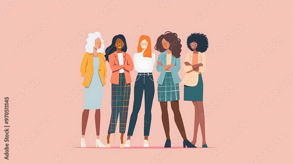 Diverse Women in Tech Standing Together, Group Portrait Shot, Illustration Style, Diversity Concept, Tech, Standing Diverse Women in Tech Standing Together, Group Portrait Shot, Illustration Style, Diversity Concept, Tech, Standing