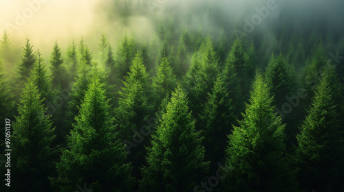 Misty Green Forest Trees in Sunlight
