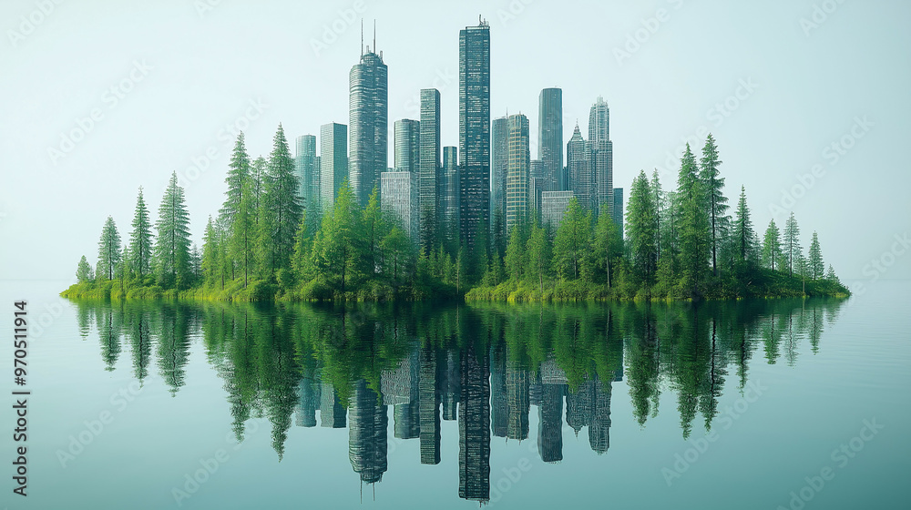 Cityscape Reflection on a Lake with Trees Cityscape Reflection on a Lake with Trees