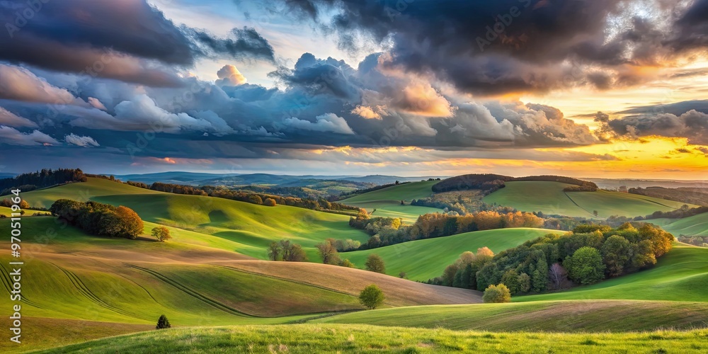 Obraz premium Rolling hills under a cloudy sky at twilight, creating a serene and peaceful landscape