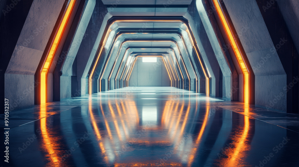 Fototapeta premium A futuristic hallway with a concrete floor. The scene is a 360-degree view, showing reflections and giving a sense of depth.