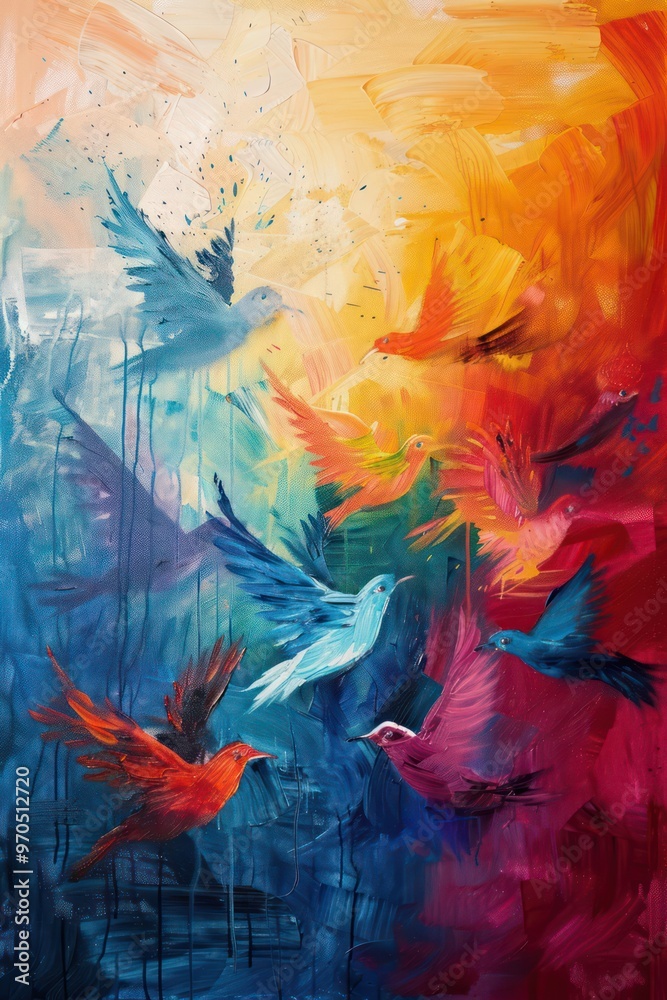 A vibrant abstract painting of colorful birds in flight, symbolizing freedom and movement against a dynamic background. A vibrant abstract painting of colorful birds in flight, symbolizing freedom and movement against a dynamic background.