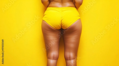 Woman with visible cellulite on her thighs and buttocks on yellow background. Overweight liposuction photo