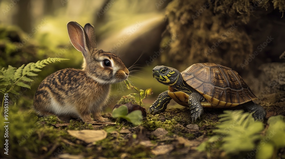 Create an image showing the aftermath of the race, with the rabbit and ...