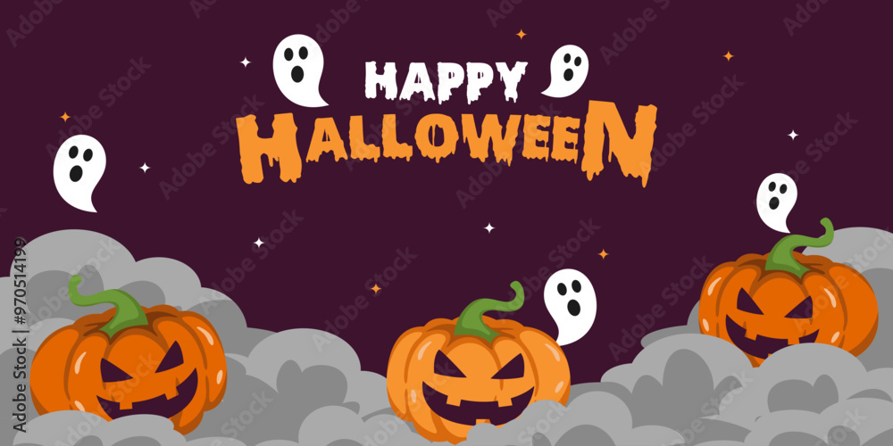 Halloween background with pumpkin and ghost on dark night and clouds background with copy space area Halloween background with pumpkin and ghost on dark night and clouds background with copy space area