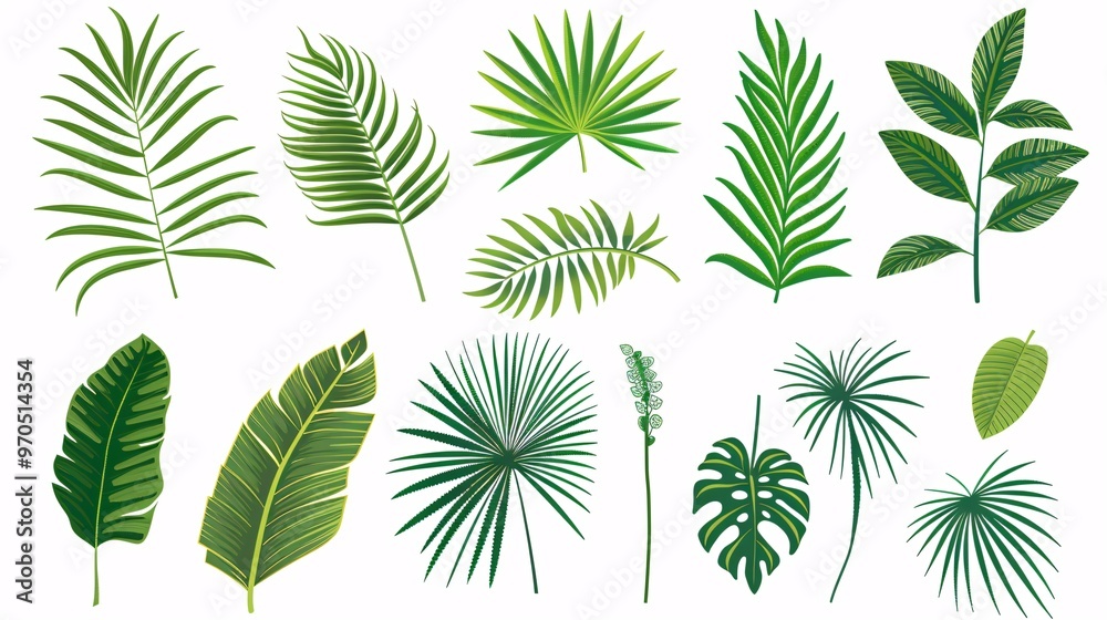 1. A tropical leaves vector set featuring various Phoenix palm leaves isolated on a white background. The leaves are illustrated in a simple flat vector style, showcasing different shapes and sizes, 1. A tropical leaves vector set featuring various Phoenix palm leaves isolated on a white background. The leaves are illustrated in a simple flat vector style, showcasing different shapes and sizes,