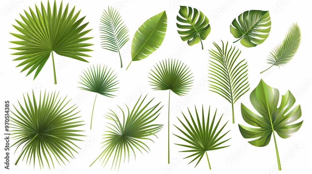 2. A collection of Phoenix palm leaves in a tropical leaves vector set, displayed on a clean white background. Each leaf is presented in a flat vector design, with smooth lines and varying shades of 2. A collection of Phoenix palm leaves in a tropical leaves vector set, displayed on a clean white background. Each leaf is presented in a flat vector design, with smooth lines and varying shades of