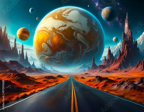 Journey to Proxima Centauri b. Road to Cream-Brown Planet. Generative AI illustration photo