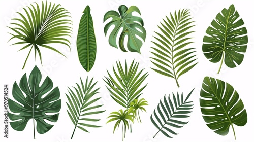 5. A detailed vector set of tropical leaves, primarily featuring Phoenix palm leaves, set against a white background. The leaves are depicted in a simple flat style, with attention to the natural