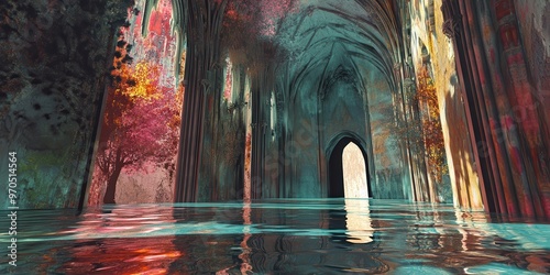 Glitching cathedral liquid reflections twisted ground