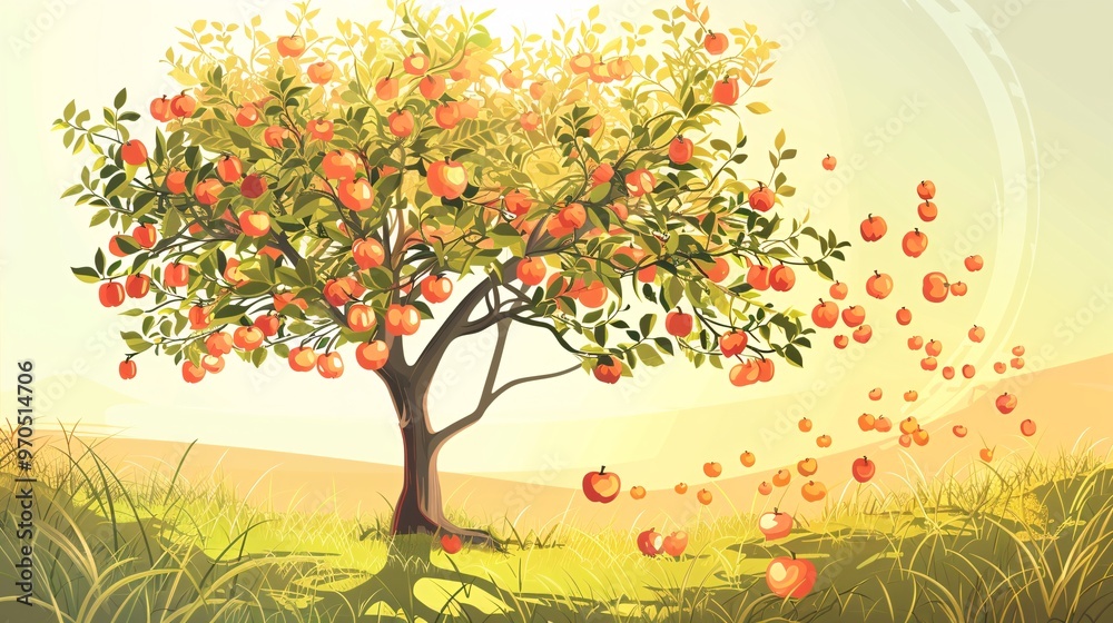 Obraz premium 7. A summer scene featuring an apple tree with abundant fruit, illustrated in vector style. The tree is full of apples, with leaves gently swaying in the summer breeze. The bright, sunny background