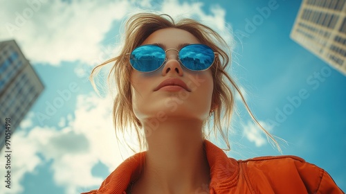 Close-Up of Stylish Woman in Red Jacket and Blue Sunglasses Standing Against Skyscrapers, Minimalist Fashion Shot with Bright Colors and High Attention to Detail

