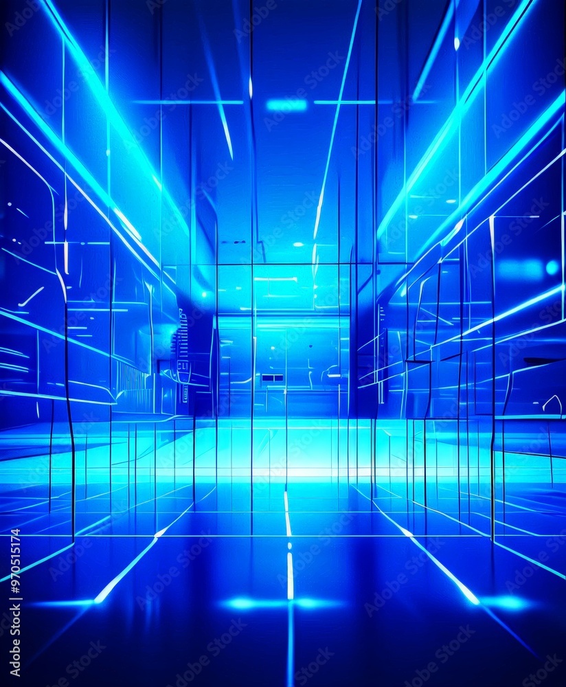 The image presents a futuristic, abstract interior space with a grid-like pattern of blue and white lines, creating a sense of depth and dimensionality. The perspective is The image presents a futuristic, abstract interior space with a grid-like pattern of blue and white lines, creating a sense of depth and dimensionality. The perspective is