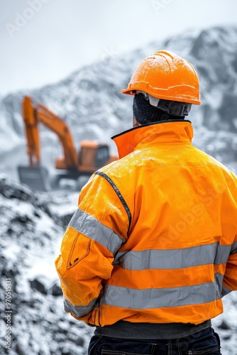 Backhoe operator surveying the limestone extraction process