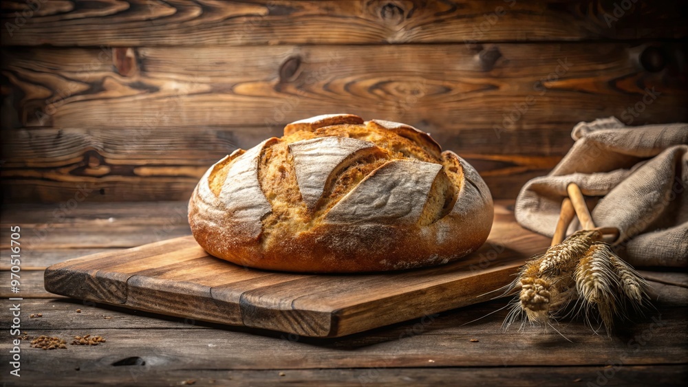 Freshly baked bread on a rustic wooden board, perfect for food or bakery concept Freshly baked bread on a rustic wooden board, perfect for food or bakery concept