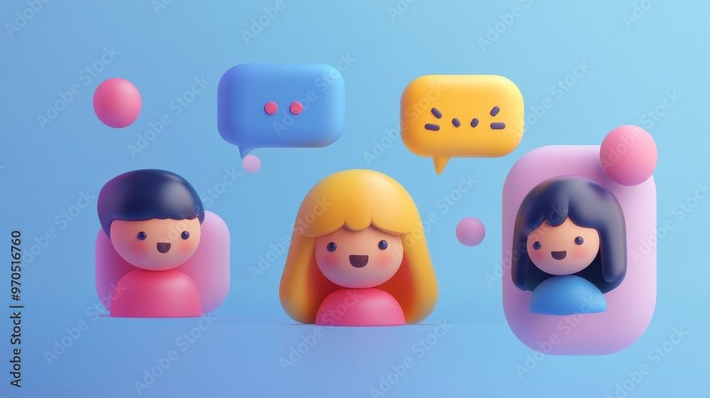 Three cartoon girls with different hair colors are chatting in colorful speech bubbles. Three cartoon girls with different hair colors are chatting in colorful speech bubbles.
