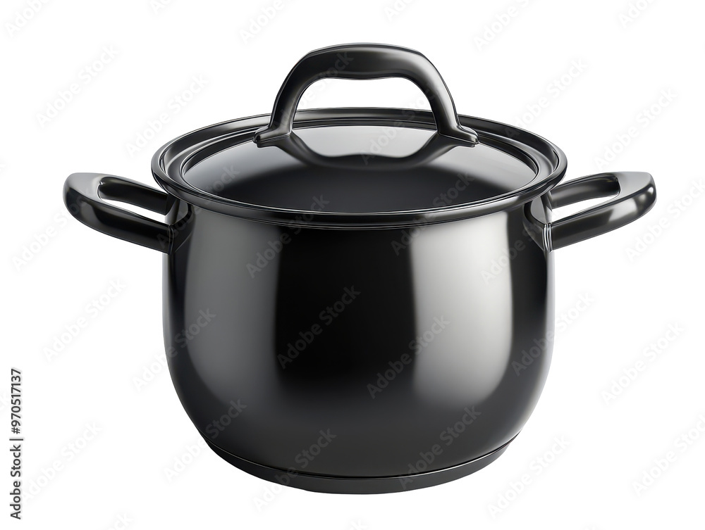 Black shiny cooking pot with lid, isolated on transparent background