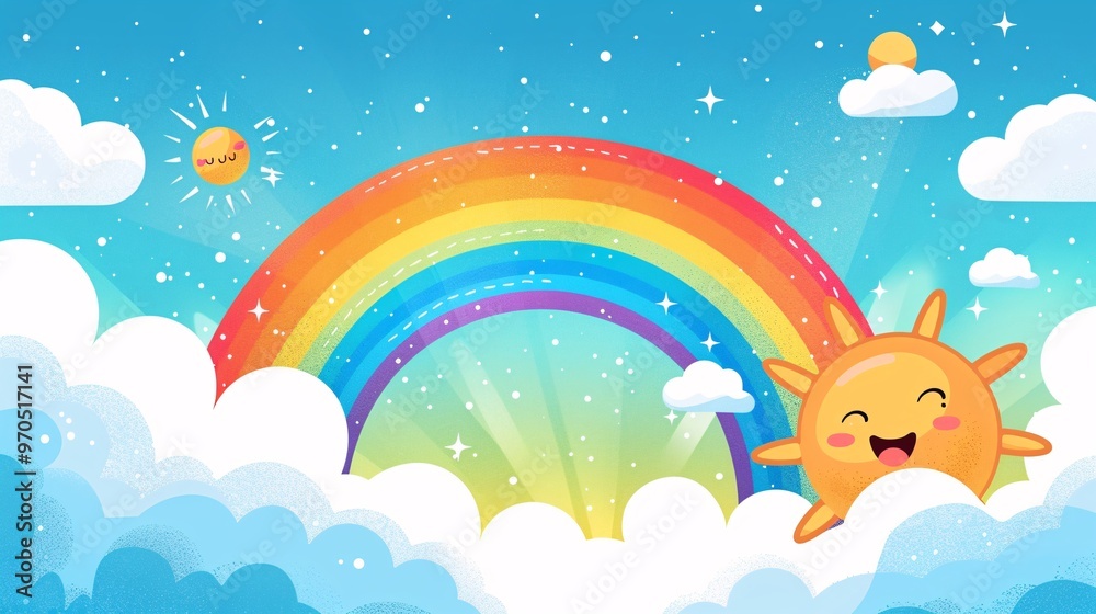 Naklejka premium 41. An illustration set featuring clouds, a rainbow, and a smiling sun. The rainbow arches gracefully with vibrant colors, while the clouds are fluffy and the sun beams with a cheerful expression,