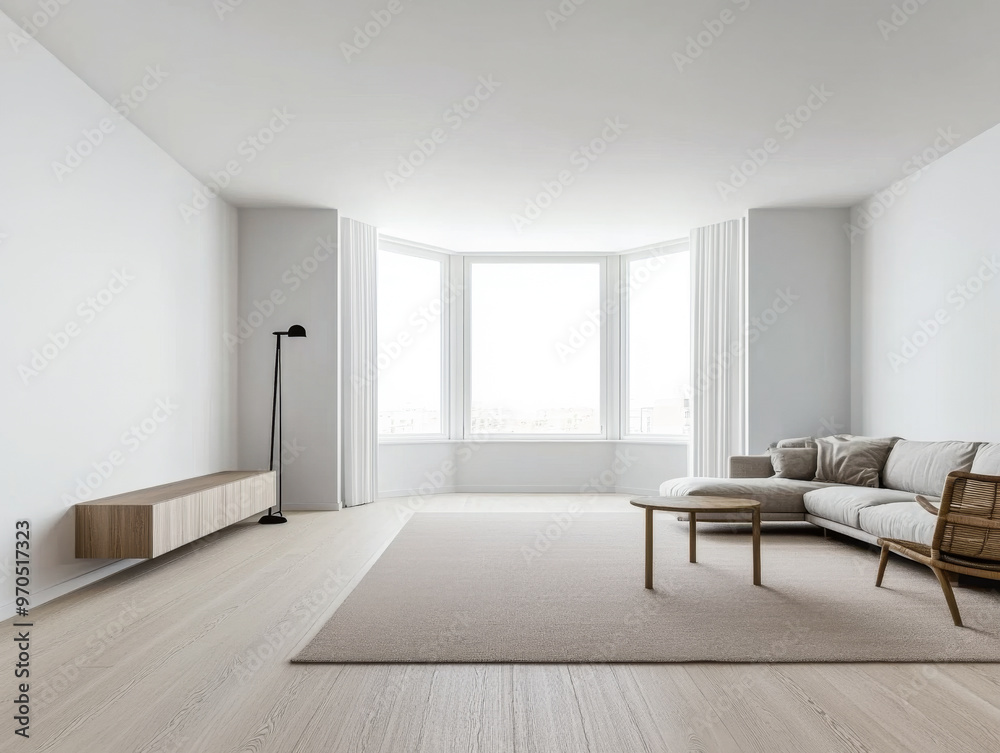 Obraz premium Scandinavian minimalist living room interiors with minimal furniture, a large window and plenty of lighting. Apartment interior design composition with copyspace.