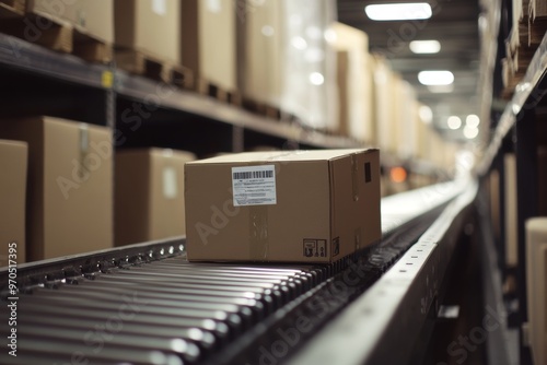 Organized warehouse scene boxes of military equipment on a conveyor belt for storage and transport