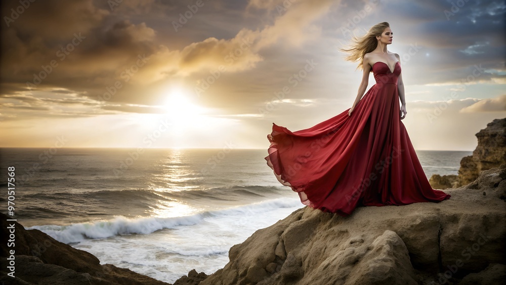 An elegant woman in a flowing red gown standing on a windswept cliff, dramatic sunset behind her, ocean waves crashing below An elegant woman in a flowing red gown standing on a windswept cliff, dramatic sunset behind her, ocean waves crashing below