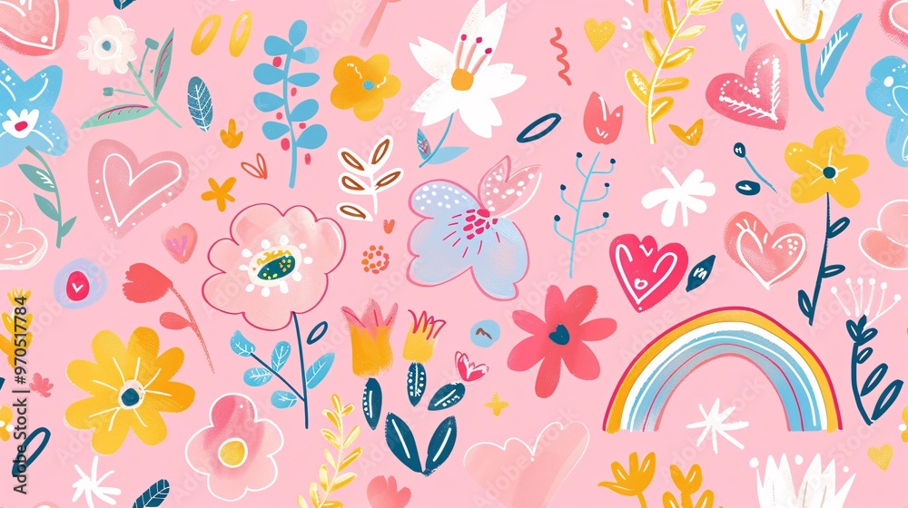 50. A pink background with a seamless pattern of cute hand-drawn flowers, rainbows, and hearts. The design includes various whimsical flowers, vibrant rainbows, and lovely hearts, creating a fun and 50. A pink background with a seamless pattern of cute hand-drawn flowers, rainbows, and hearts. The design includes various whimsical flowers, vibrant rainbows, and lovely hearts, creating a fun and