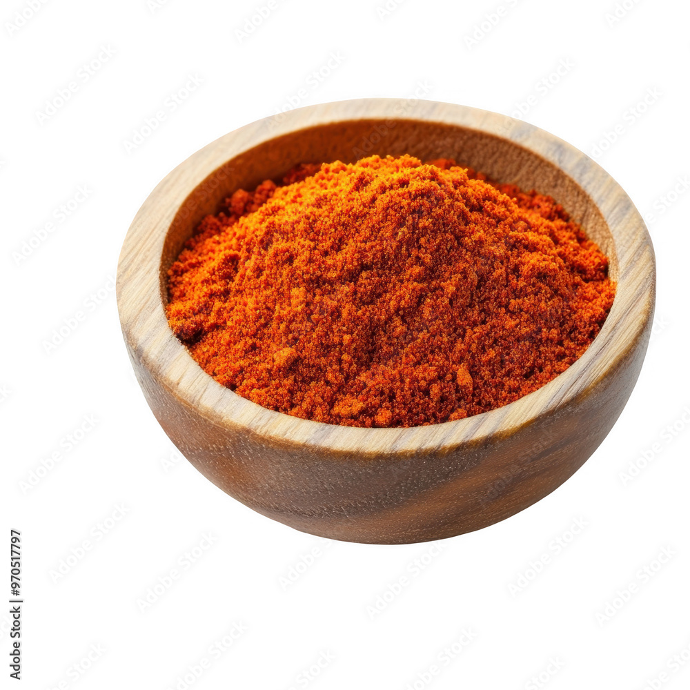 A wooden bowl filled with vibrant red spice powder, commonly used in cooking. A wooden bowl filled with vibrant red spice powder, commonly used in cooking.