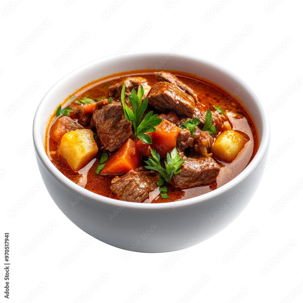 Beef Stew with Carrots and Potatoes in a White Bowl Beef Stew with Carrots and Potatoes in a White Bowl