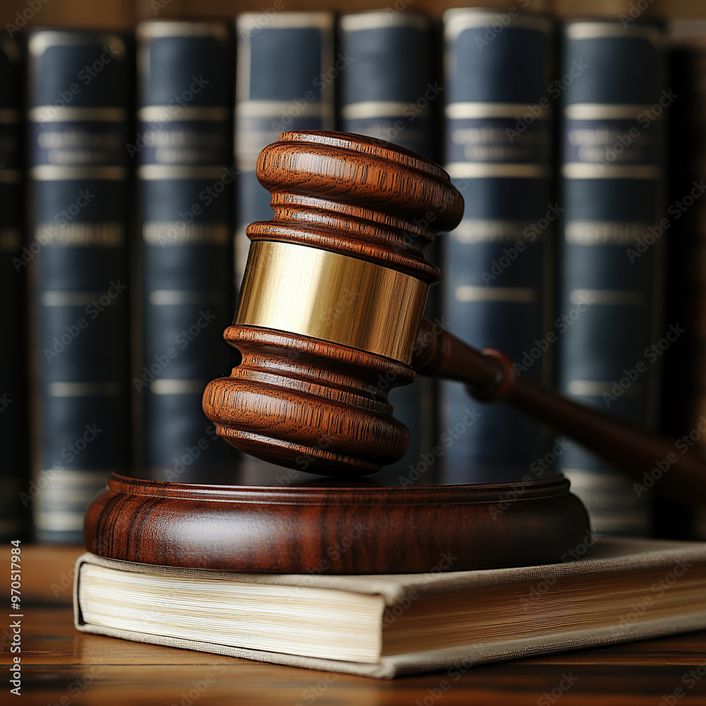 A wooden gavel sitting on top of books in front of a background A wooden gavel sitting on top of books in front of a background