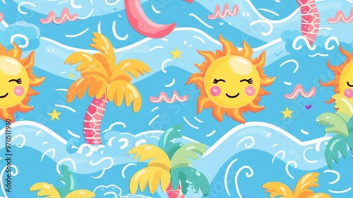 52. A summer-themed seamless pattern with cute palm trees, suns, and waves. The design showcases charming palm trees, bright and smiling suns, and flowing waves, arranged in a fun and lively pattern