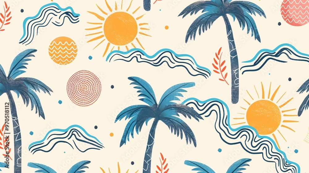 54. A seamless summer pattern with cute palm trees, suns, and waves. The design includes whimsical palm trees, radiant suns, and playful waves, all arranged in a cohesive and vibrant pattern perfect 54. A seamless summer pattern with cute palm trees, suns, and waves. The design includes whimsical palm trees, radiant suns, and playful waves, all arranged in a cohesive and vibrant pattern perfect