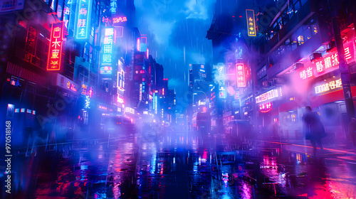 The streets of a fantasy city, with blue and orange light tints, neon lights, and a cinematic atmosphere