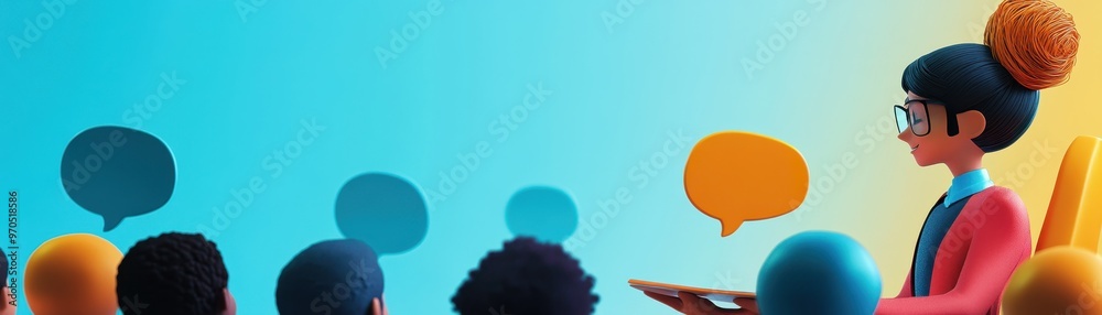 Woman speaking to a group of cartoon people. Woman speaking to a group of cartoon people.