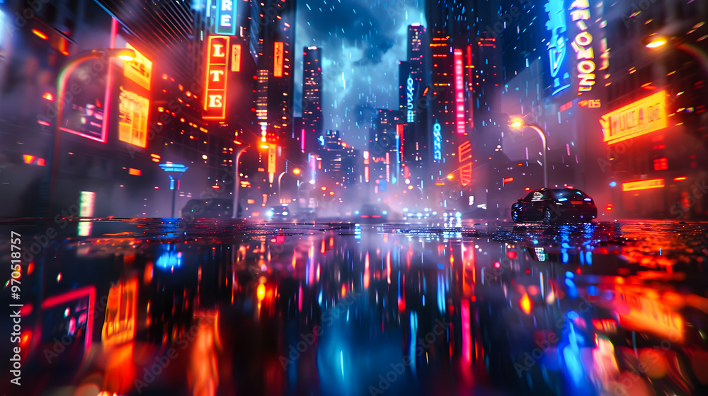 Obraz premium The streets of a fantasy city, with blue and orange light tints, neon lights, and a cinematic atmosphere