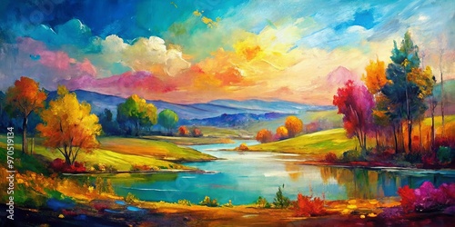 Fototapeta Naklejka Na Ścianę i Meble -  Abstract oil painting of a textured landscape with vibrant colors and expressive brushstrokes