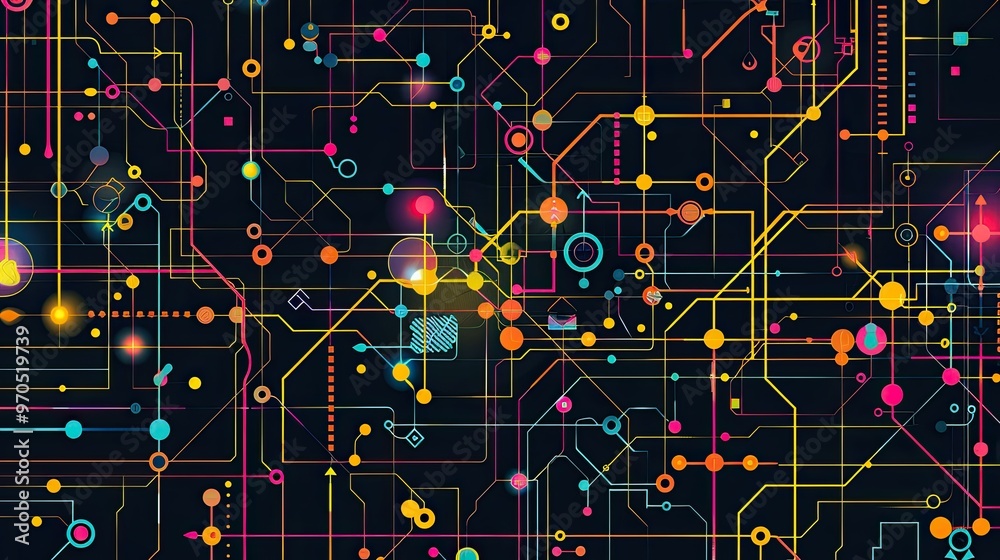 Fototapeta premium A vibrant abstract design featuring interconnected lines and colorful dots, representing technology and digital networks.